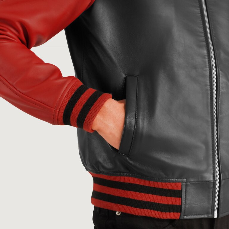 Mens Walton Black & Red Leather Varsity Jacket Close-Up-9-1704121599107
